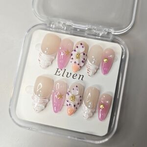 Elven Pink and White Handmade Press On Nail Almond Shape